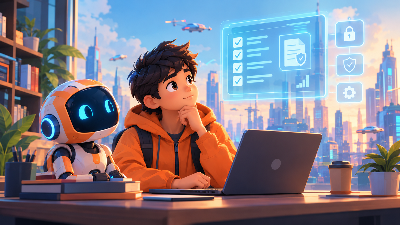 A young person in an orange hoodie evaluating an AI tool with a friendly robot beside a digital checklist.